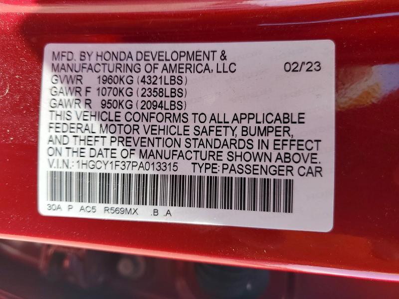 2023 Honda Accord მანქანა იყიდება აუქციონზე, vin: 1HGCY1F37PA013315, აუქციონის ნომერი: 58737676