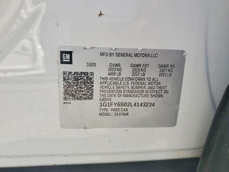 59173216 :رقم المزاد ، 1G1FY6S02L4143234 vin ، 2020 Chevrolet Bolt Ev مزاد بيع