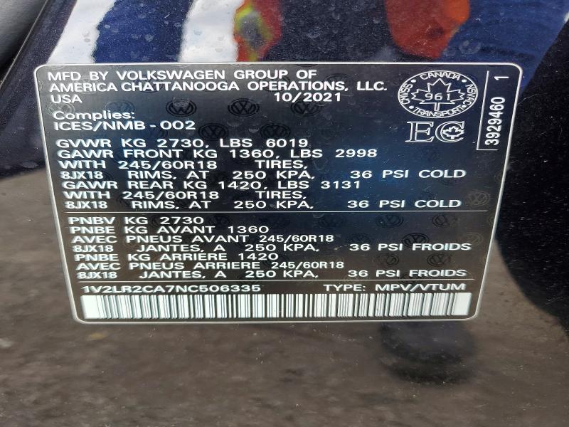 59101626 :رقم المزاد ، 1V2LR2CA7NC506335 vin ، 2022 Volkswagen Atlas مزاد بيع