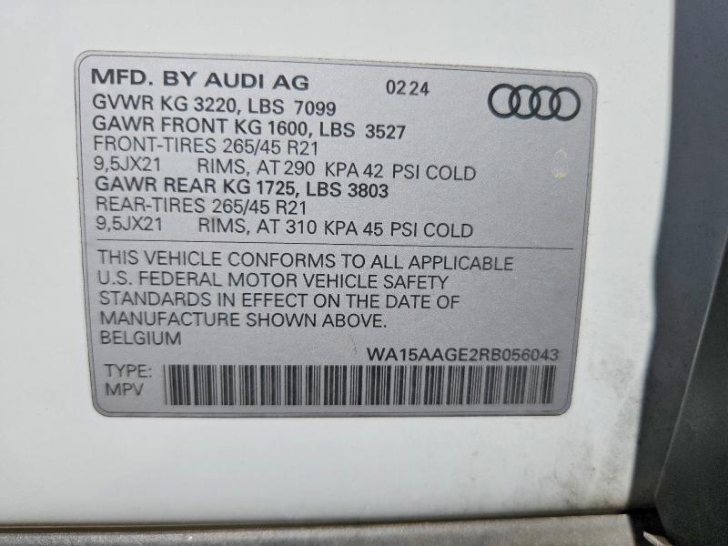 2024 Audi Q8 E-tron მანქანა იყიდება აუქციონზე, vin: WA15AAGE2RB056043, აუქციონის ნომერი: 57258406