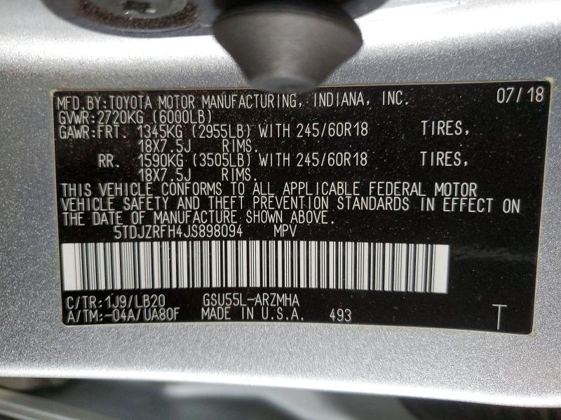 2018 Toyota Highlander მანქანა იყიდება აუქციონზე, vin: 5TDJZRFH4JS898094, აუქციონის ნომერი: 55470606