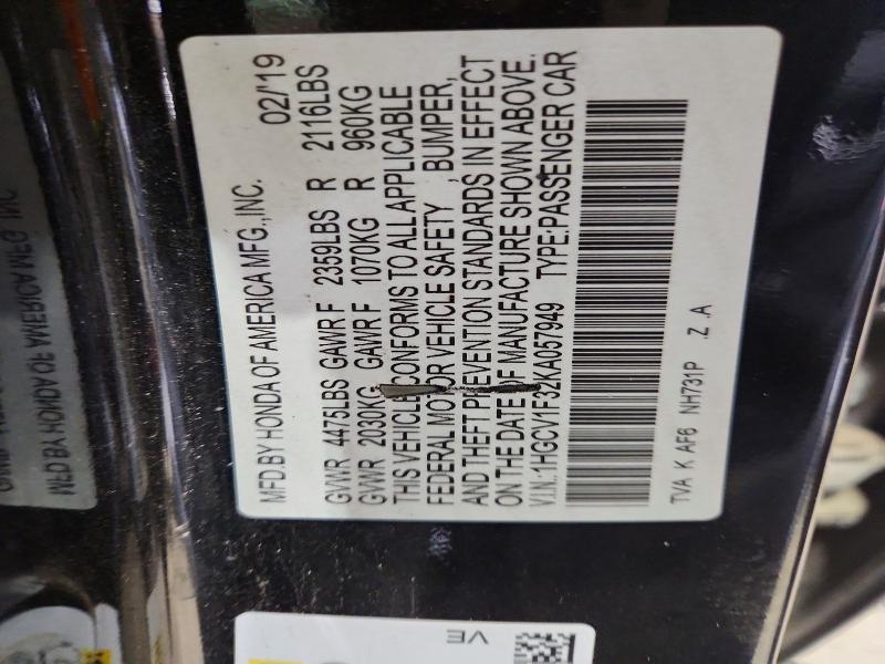 57057526 :رقم المزاد ، 1HGCV1F32KA057949 vin ، 2019 Honda Accord مزاد بيع