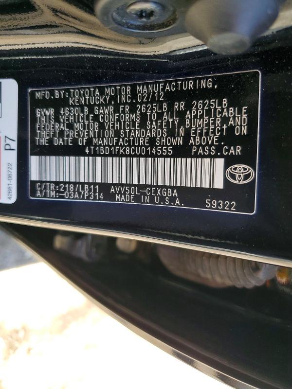 2012 Toyota Camry Hybrid მანქანა იყიდება აუქციონზე, vin: 4T1BD1FK8CU014555, აუქციონის ნომერი: 55809446