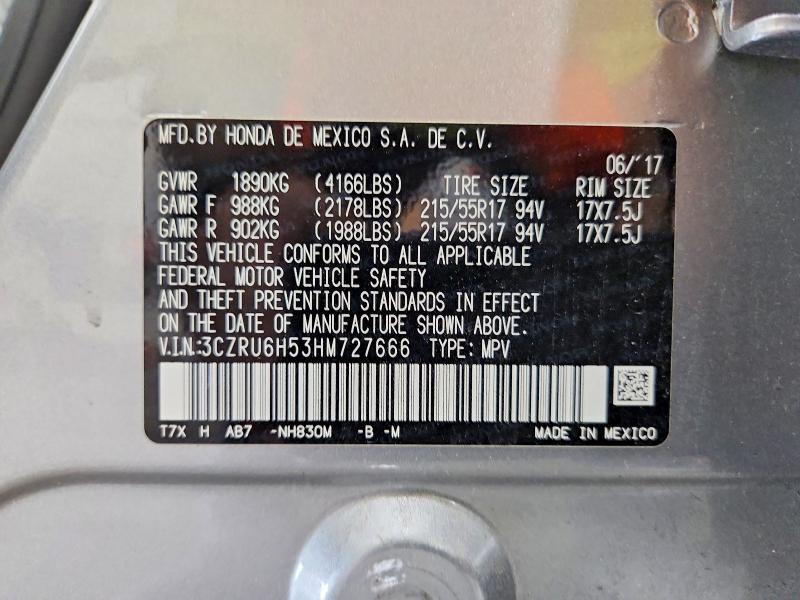 58724156 :رقم المزاد ، 3CZRU6H53HM727666 vin ، 2017 Honda Hr-v مزاد بيع