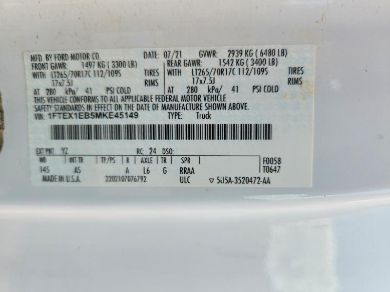 59300766 :رقم المزاد ، 1FTEX1EB5MKE45149 vin ، 2021 Ford F150 مزاد بيع