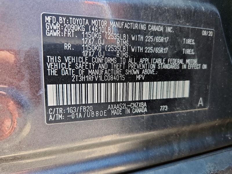 56064916 :رقم المزاد ، 2T3H1RFV1LC084015 vin ، 2020 Toyota Rav4 مزاد بيع