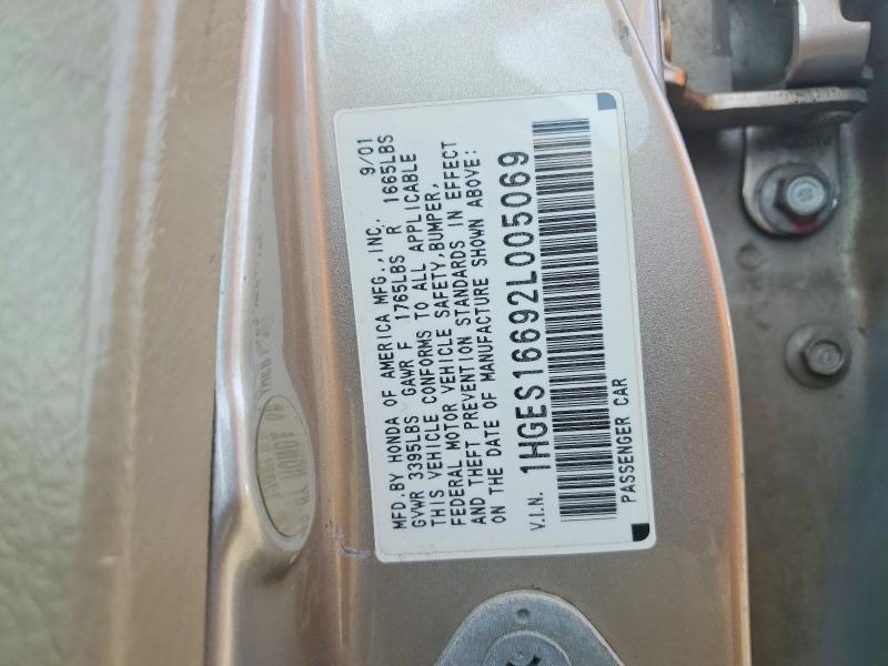 56315726 :رقم المزاد ، 1HGES16692L005069 vin ، 2002 Honda Civic مزاد بيع
