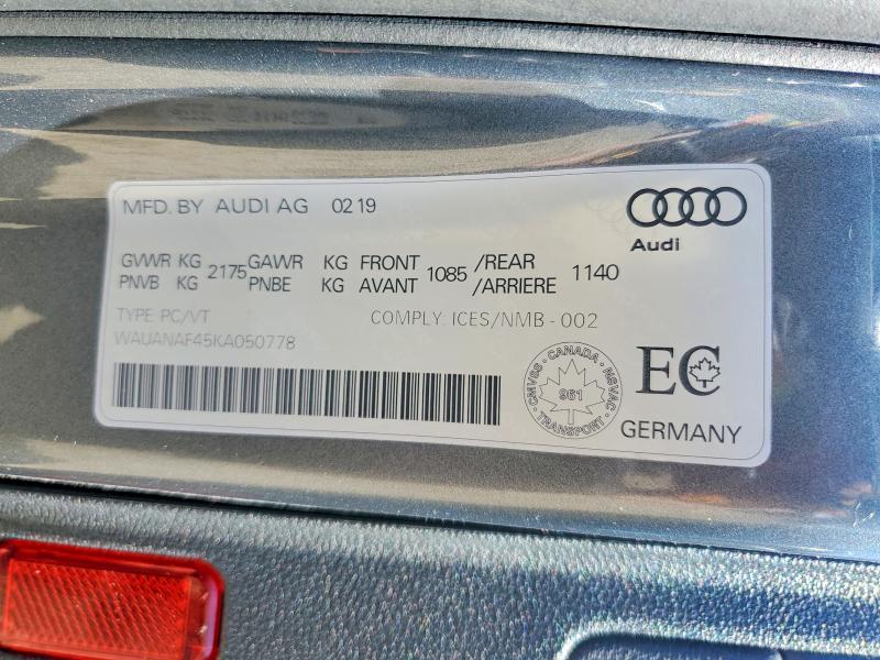 55149446 :رقم المزاد ، WAUANAF45KA050778 vin ، 2019 Audi A4 مزاد بيع