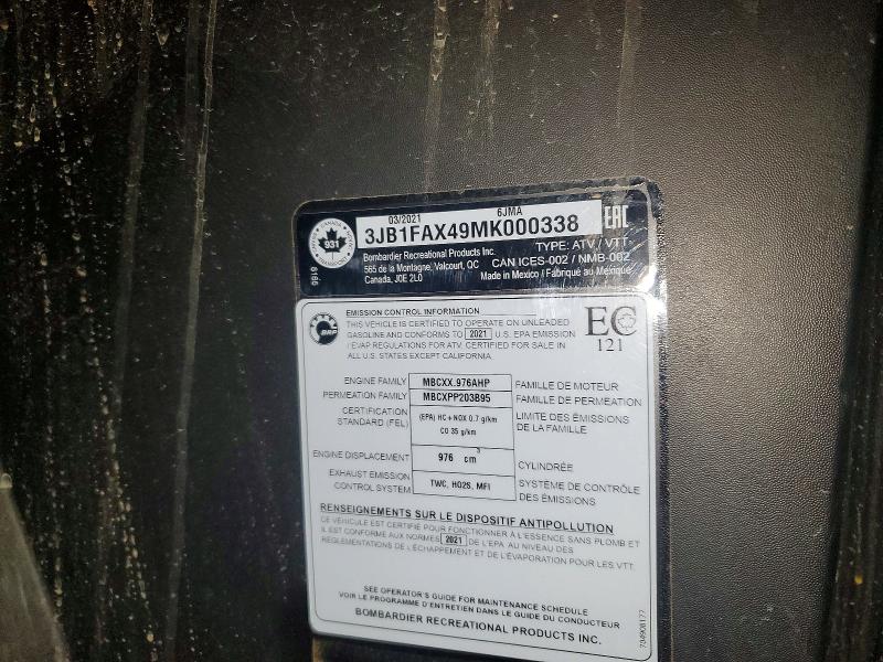 57908276 :رقم المزاد ، 3JB1FAX49MK000338 vin ، 2021 Can-am Commander Max مزاد بيع