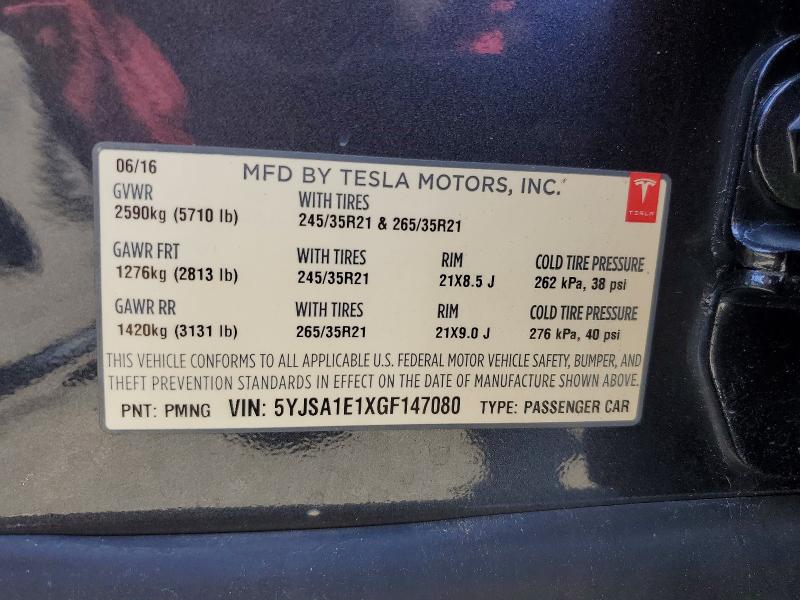 55804456 :رقم المزاد ، 5YJSA1E1XGF147080 vin ، 2016 Tesla Model S مزاد بيع