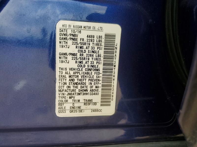 59095466 :رقم المزاد ، JN8AT2MT3HW133490 vin ، 2017 Nissan Rogue مزاد بيع