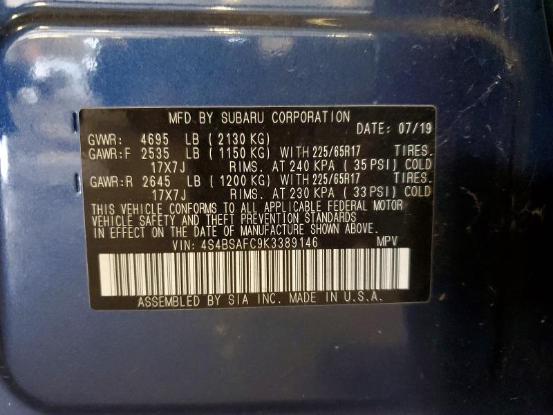 55917666 :رقم المزاد ، 4S4BSAFC9K3389146 vin ، 2019 Subaru Outback مزاد بيع