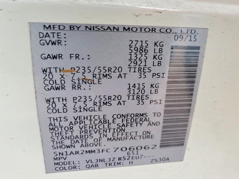Продаж на аукціоні авто 2015 Nissan Pathfinder, vin: 5N1AR2MM3FC706062, номер лоту: 57632566