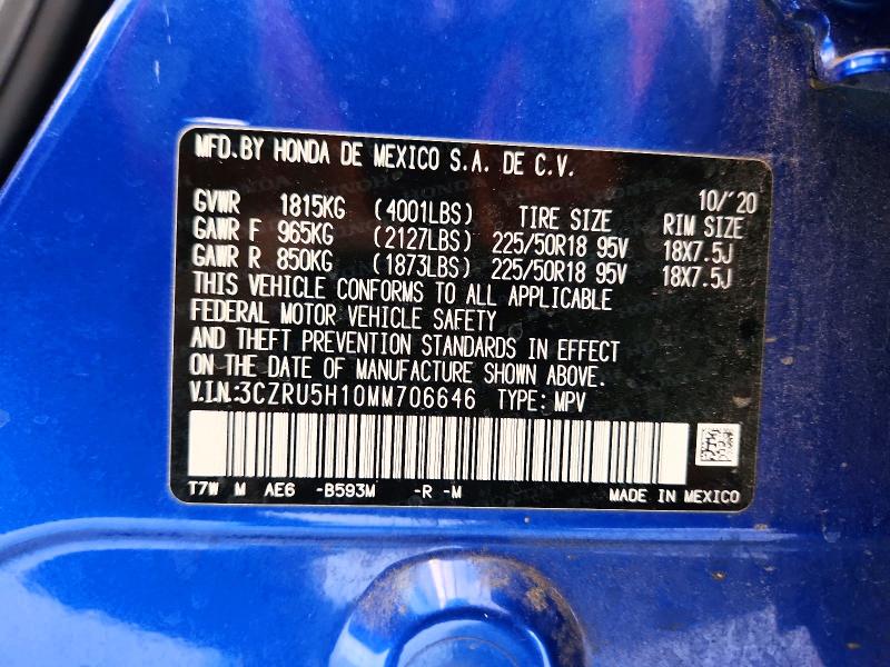 58588556 :رقم المزاد ، 3CZRU5H10MM706646 vin ، 2021 Honda Hr-v مزاد بيع