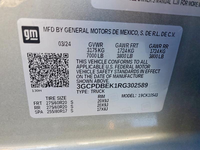 Aukcja sprzedaży 2024 Chevrolet Silverado, vin: 3GCPDBEK1RG302589, numer aukcji: 55573216