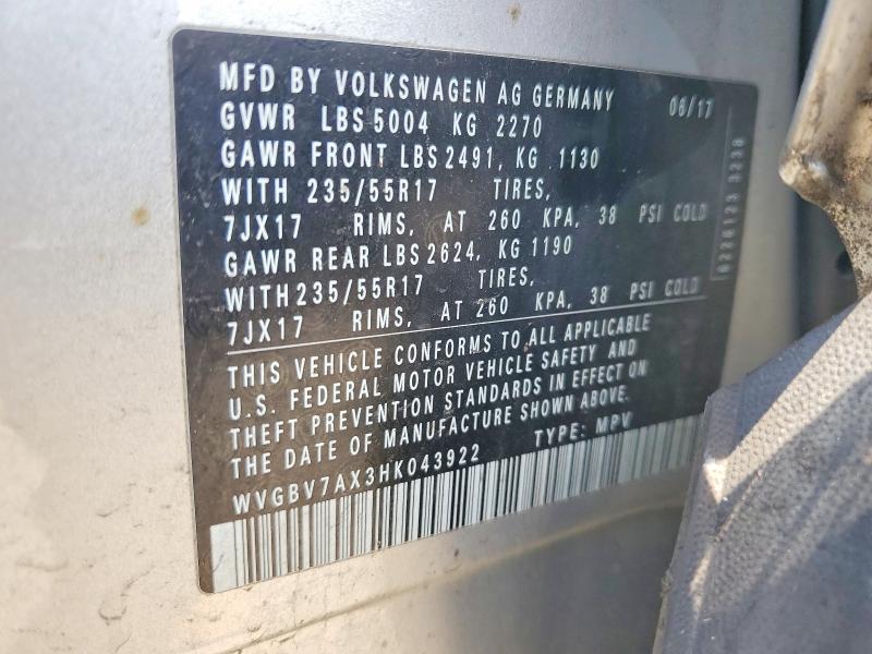 57920446 :رقم المزاد ، WVGBV7AX3HK043922 vin ، 2017 Volkswagen Tiguan مزاد بيع