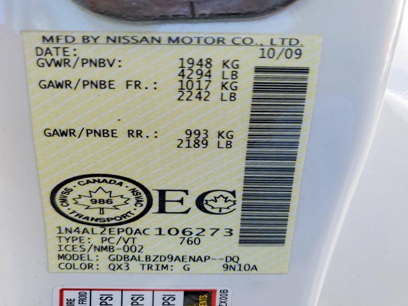 2010 Nissan Altima მანქანა იყიდება აუქციონზე, vin: 1N4AL2EP0AC106273, აუქციონის ნომერი: 58412866
