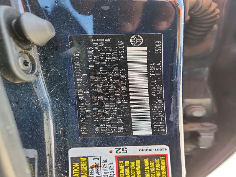 55850016 :رقم المزاد ، 4T1B11HK8KU759035 vin ، 2019 Toyota Camry مزاد بيع