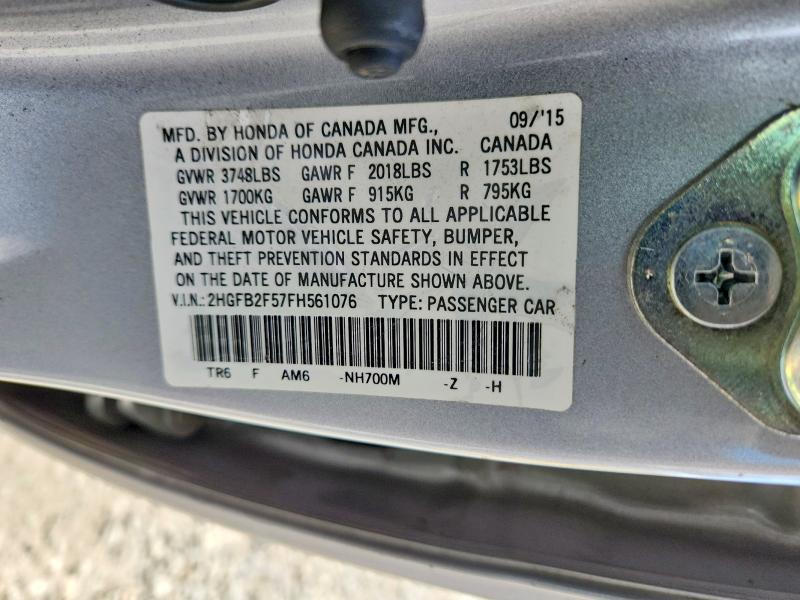 58090576 :رقم المزاد ، 2HGFB2F57FH561076 vin ، 2015 Honda Civic مزاد بيع