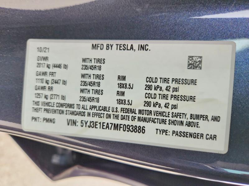 Продажа на аукционе авто 2021 Tesla Model 3, vin: 5YJ3E1EA7MF093886, номер лота: 57531806