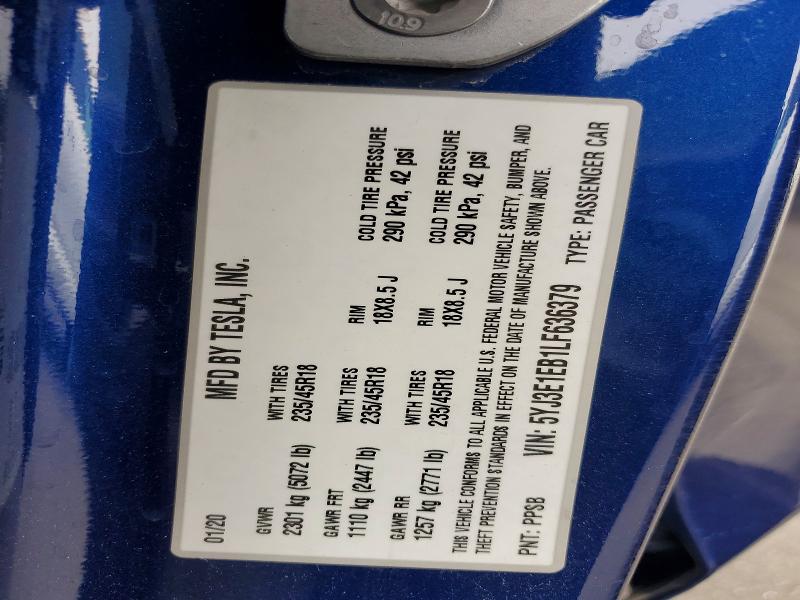 2020 Tesla Model 3 მანქანა იყიდება აუქციონზე, vin: 5YJ3E1EB1LF636379, აუქციონის ნომერი: 58149386