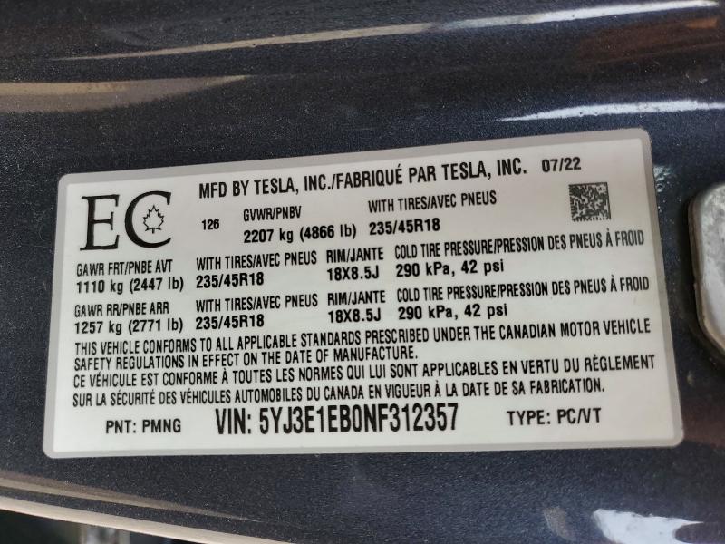 Продаж на аукціоні авто 2022 Tesla Model 3, vin: 5YJ3E1EB0NF312357, номер лоту: 58651686
