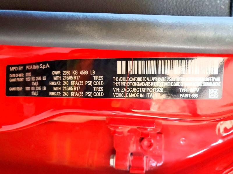 Продаж на аукціоні авто 2015 Jeep Renegade, vin: ZACCJBCTXFPC17926, номер лоту: 58022656