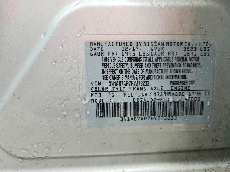 2017 Nissan Sentra მანქანა იყიდება აუქციონზე, vin: 3N1AB7AP7HY273203, აუქციონის ნომერი: 55473446