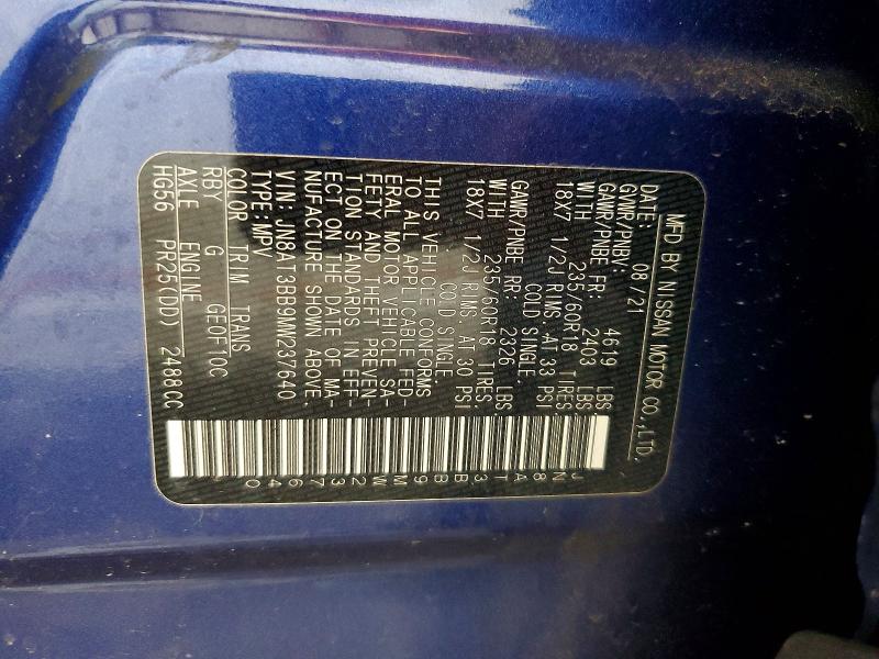2021 Nissan Rogue მანქანა იყიდება აუქციონზე, vin: JN8AT3BB9MW237640, აუქციონის ნომერი: 56838846