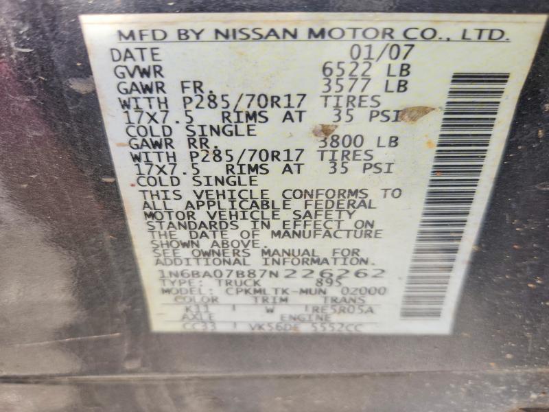 Продаж на аукціоні авто 2007 Nissan Titan, vin: 1N6BA07B87N226262, номер лоту: 58327396