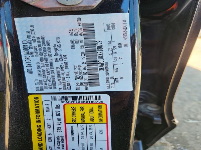 57150786 :رقم المزاد ، 3FA6P0LUXKR180729 vin ، 2019 Ford Fusion مزاد بيع