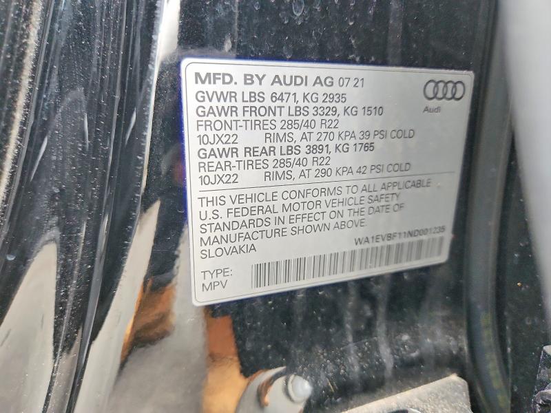 2022 Audi Q8 მანქანა იყიდება აუქციონზე, vin: WA1EVBF11ND001235, აუქციონის ნომერი: 57829156