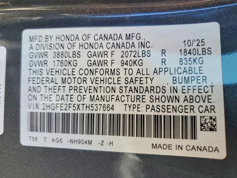 Продаж на аукціоні авто 2026 Honda Civic, vin: 2HGFE2F5XTH537664, номер лоту: 57632296