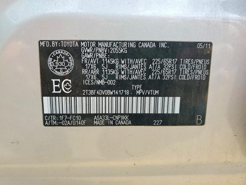 2011 Toyota Rav4 მანქანა იყიდება აუქციონზე, vin: 2T3BF4DV0BW141718, აუქციონის ნომერი: 58057126