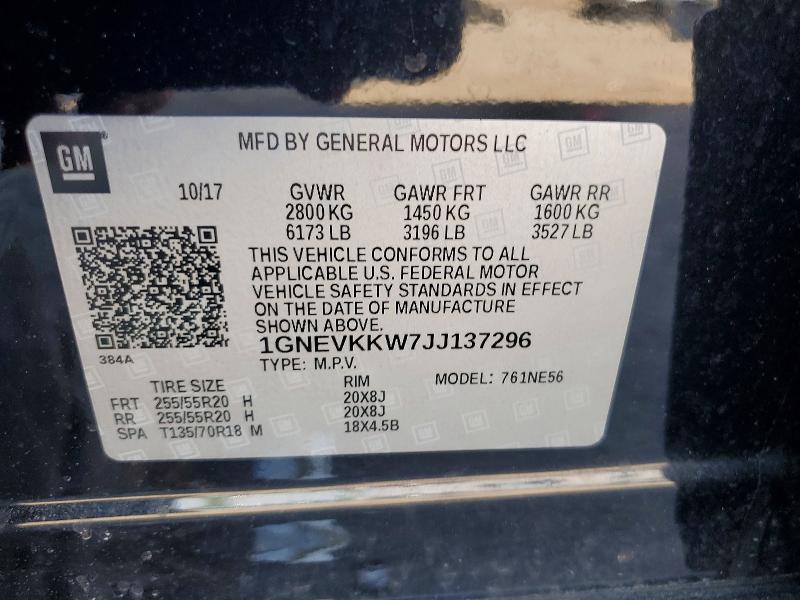 2018 Chevrolet Traverse მანქანა იყიდება აუქციონზე, vin: 1GNEVKKW7JJ137296, აუქციონის ნომერი: 56462606