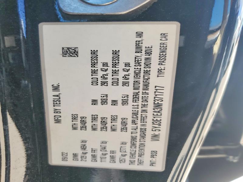 2022 Tesla Model 3 მანქანა იყიდება აუქციონზე, vin: 5YJ3E1EA3NF371717, აუქციონის ნომერი: 57217456