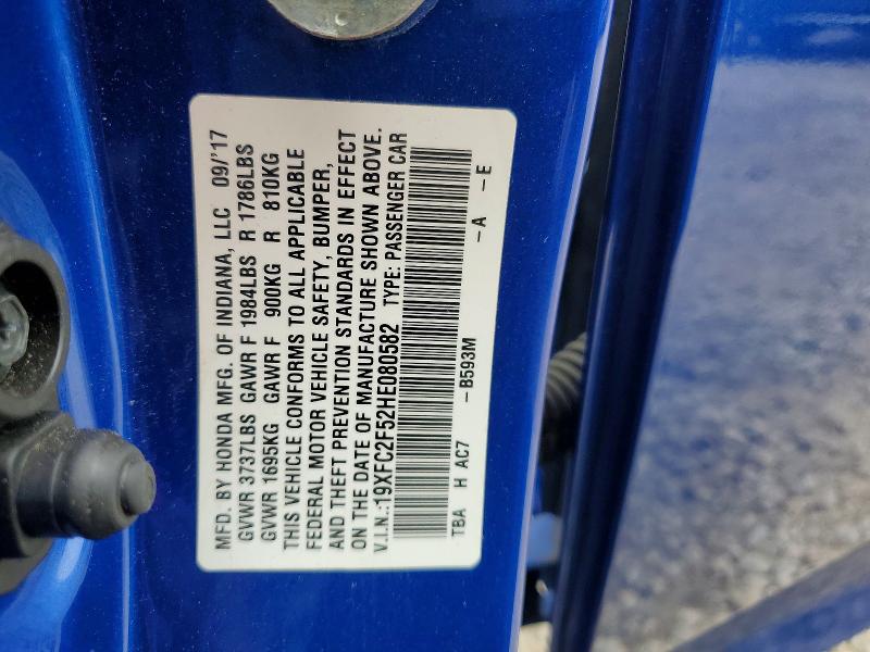 Продаж на аукціоні авто 2017 Honda Civic, vin: 19XFC2F52HE080582, номер лоту: 56392986