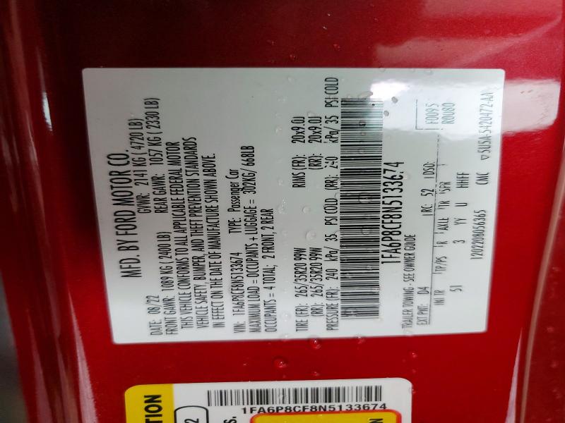 2022 Ford Mustang მანქანა იყიდება აუქციონზე, vin: 1FA6P8CF8N5133674, აუქციონის ნომერი: 56422426