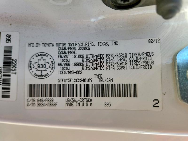 Aukcja sprzedaży 2012 Toyota Tundra, vin: 5TFUY5F1XCX240109, numer aukcji: 56618986