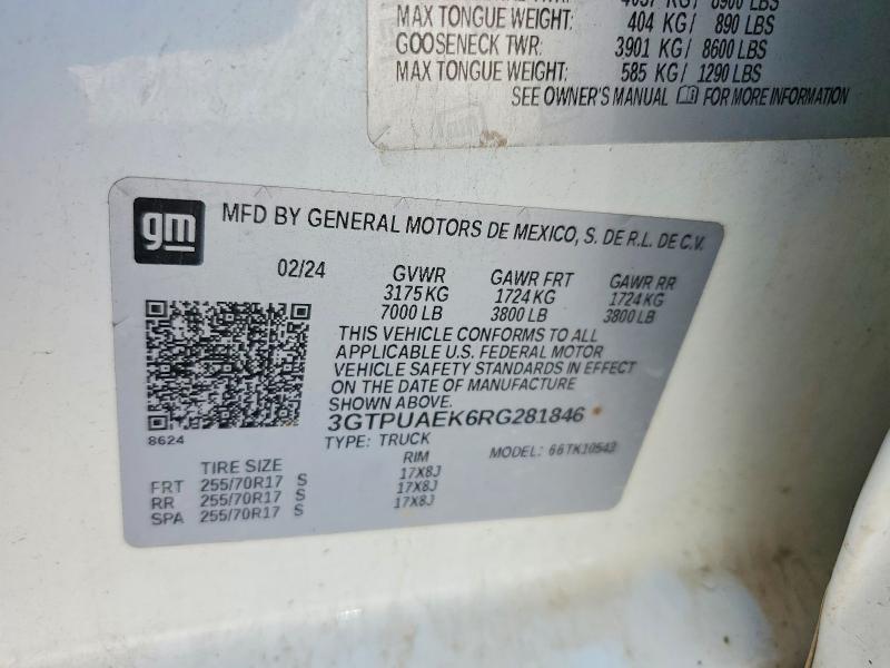 2024 Gmc Sierra მანქანა იყიდება აუქციონზე, vin: 3GTPUAEK6RG281846, აუქციონის ნომერი: 56687406