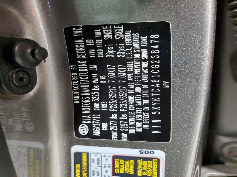 Продажа на аукционе авто 2012 Kia Sorento, vin: 5XYKTDA61CG238478, номер лота: 57164486