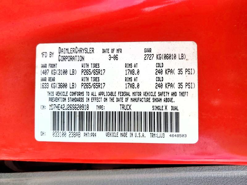 Aukcja sprzedaży 2006 Dodge Dakota, vin: 1D7HE42J26S620918, numer aukcji: 57221076