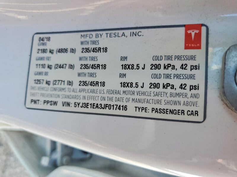 Продажа на аукционе авто 2018 Tesla Model 3, vin: 5YJ3E1EA3JF017416, номер лота: 56549226