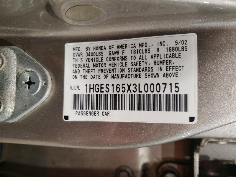2003 Honda Civic მანქანა იყიდება აუქციონზე, vin: 1HGES165X3L000715, აუქციონის ნომერი: 57490346