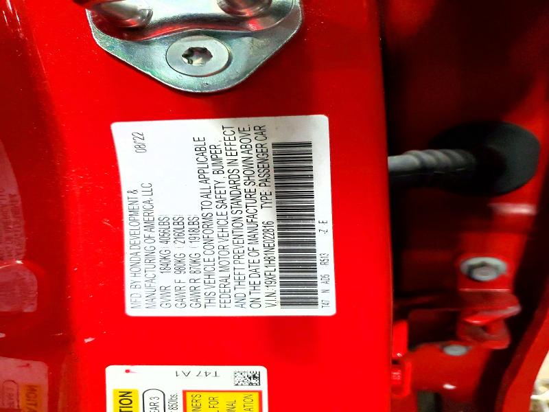 2022 Honda Civic მანქანა იყიდება აუქციონზე, vin: 19XFL1H81NE022816, აუქციონის ნომერი: 56691896