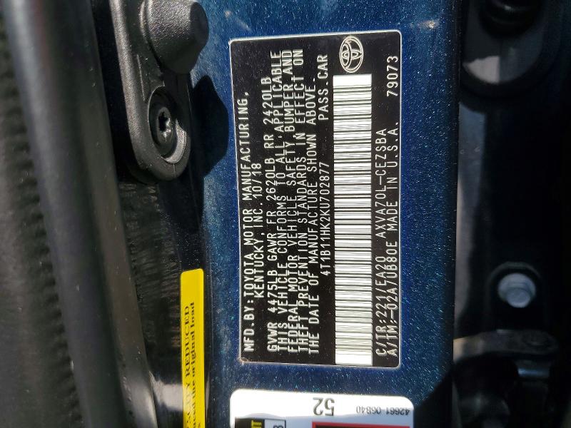 57015456 :رقم المزاد ، 4T1B11HK2KU702877 vin ، 2019 Toyota Camry مزاد بيع