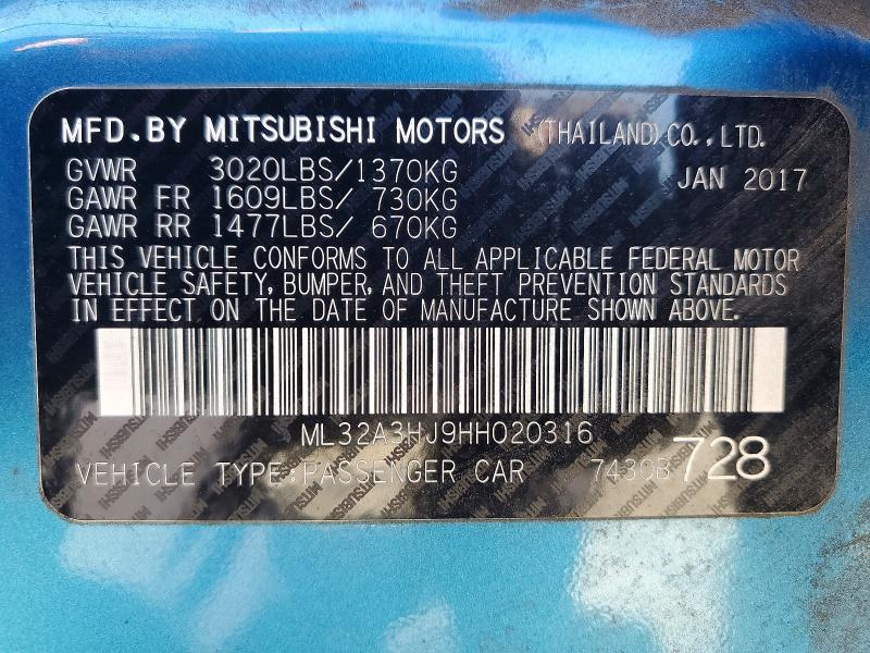 Aukcja sprzedaży 2017 Mitsubishi Mirage, vin: ML32A3HJ9HH020316, numer aukcji: 57266046