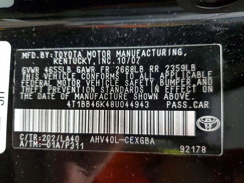 Aukcja sprzedaży 2008 Toyota Camry, vin: 4T1BB46K48U044943, numer aukcji: 55764936