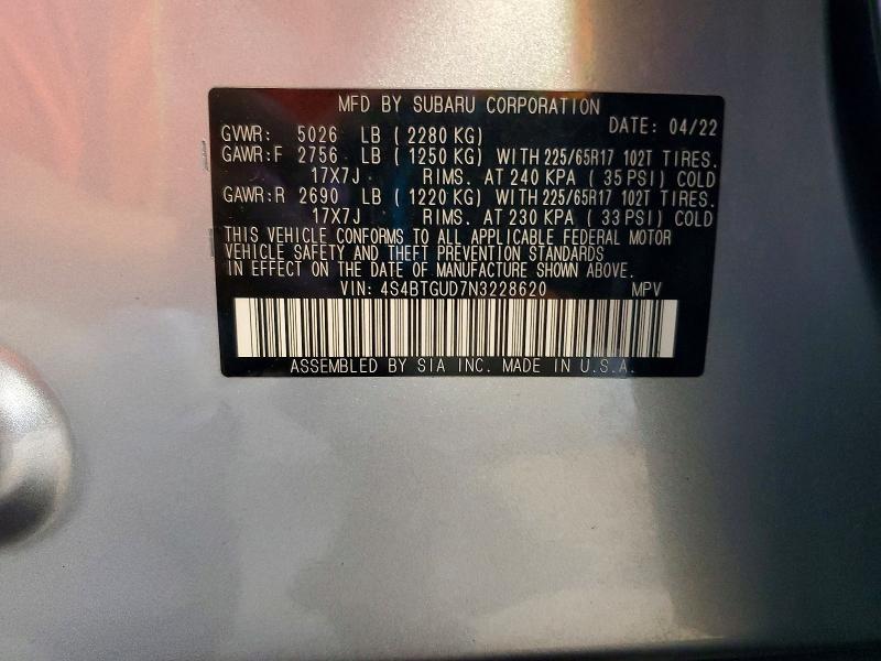 56161496 :رقم المزاد ، 4S4BTGUD7N3228620 vin ، 2022 Subaru Outback مزاد بيع