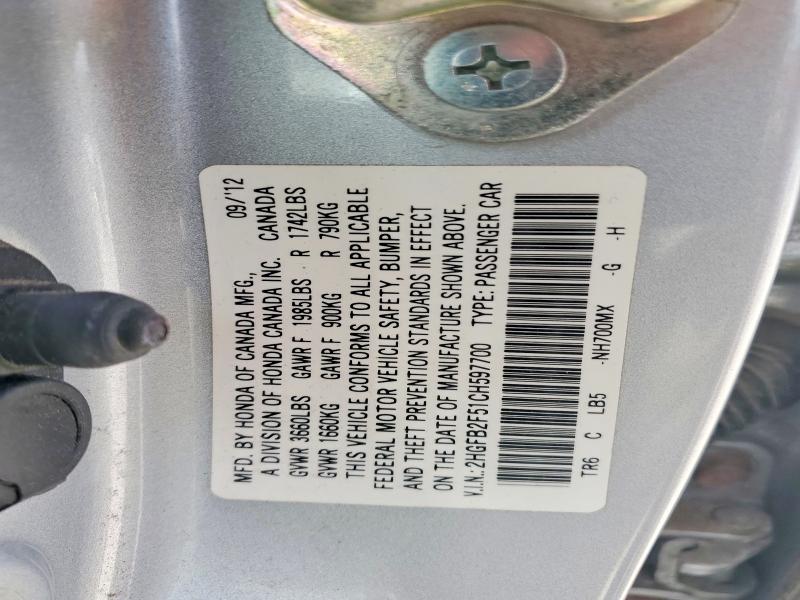 57060206 :رقم المزاد ، 2HGFB2F51CH597700 vin ، 2012 Honda Civic مزاد بيع